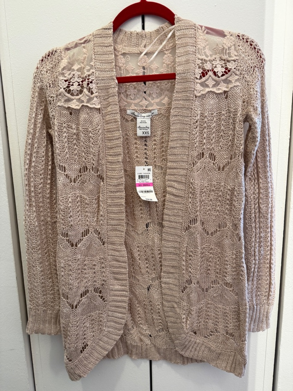 American Rag Women Blush/Tan Open-Knit Lace-Shoulder Cardigan Size XXS